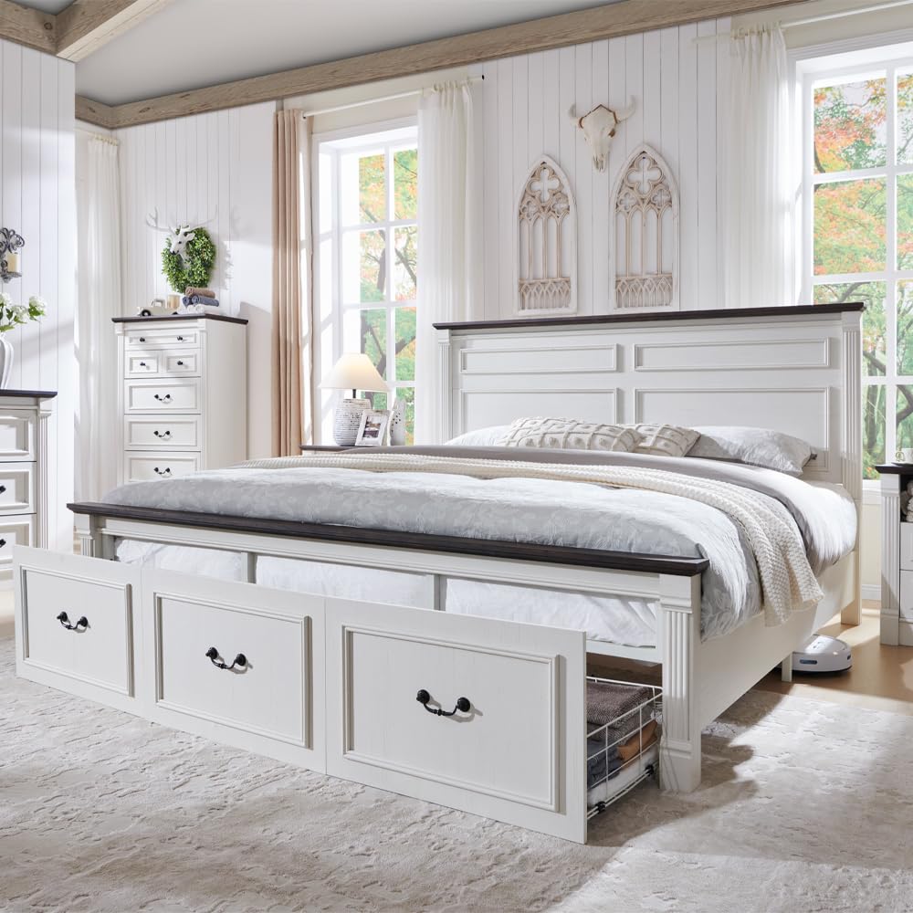 King Size Bed Frame With Storage Drawers - ファームハウス キングサイズベッドフレーム、高さ51インチのヘッドボード付き、アンティークホワイト | 高さ20インチのローマンデザインの木製プラットフォームベッドフレーム、カスタマイズ可能