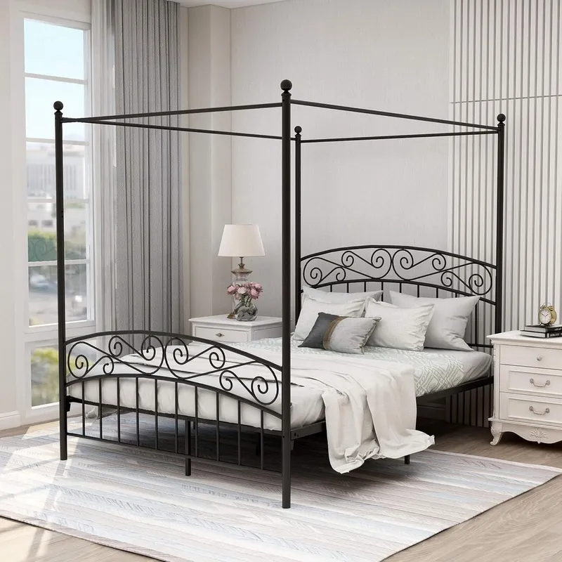 Canopy Bed Frame Metal Queen - クイーンサイズのキャノピーベッドフレーム、四柱式の金属製ベッド、ブラック