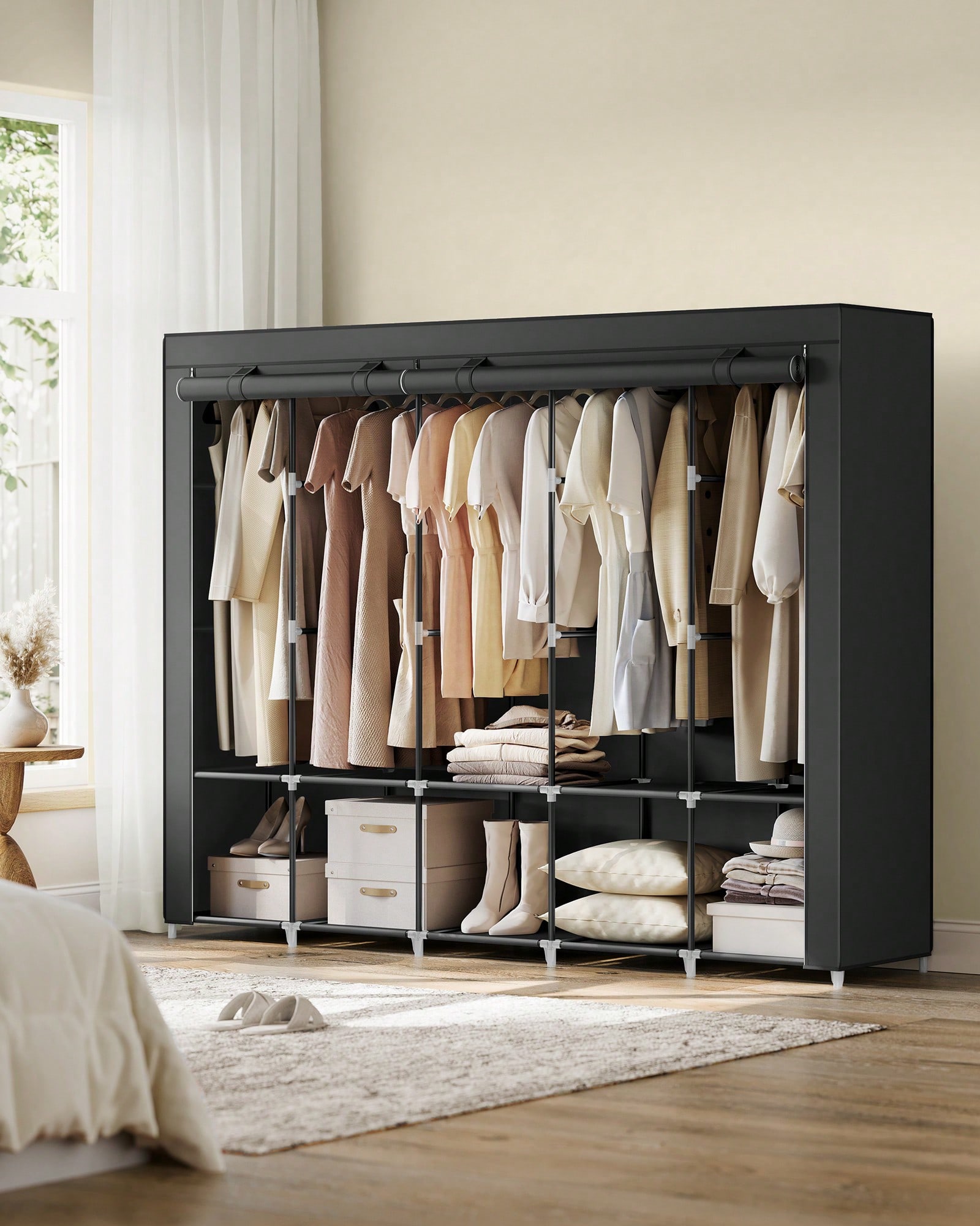 Wardrobe Closet Portable Fabric Cover - 83インチの特大ポータブルクローゼットワードローブ、モダンな黒い布製衣類収納オーガナイザーキャビネットユニット、巻き取り式防塵カバー、金属フレーム、サイドポケット、ハンガーロッド、棚、寝室用、新築祝いの贈り物
