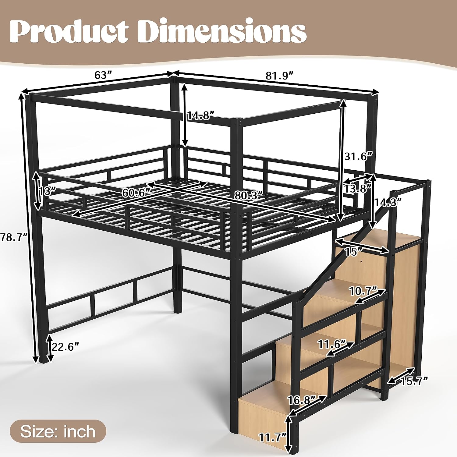 Canopy Bed Frame Metal Queen - 収納付き階段とワードローブを備えたクイーンサイズのロフトベッド。大人用で、頑丈な金属製の天蓋フレームを使用。スプリングマットレスは不要。色はブラックとナチュラル。カスタマイズも可能。