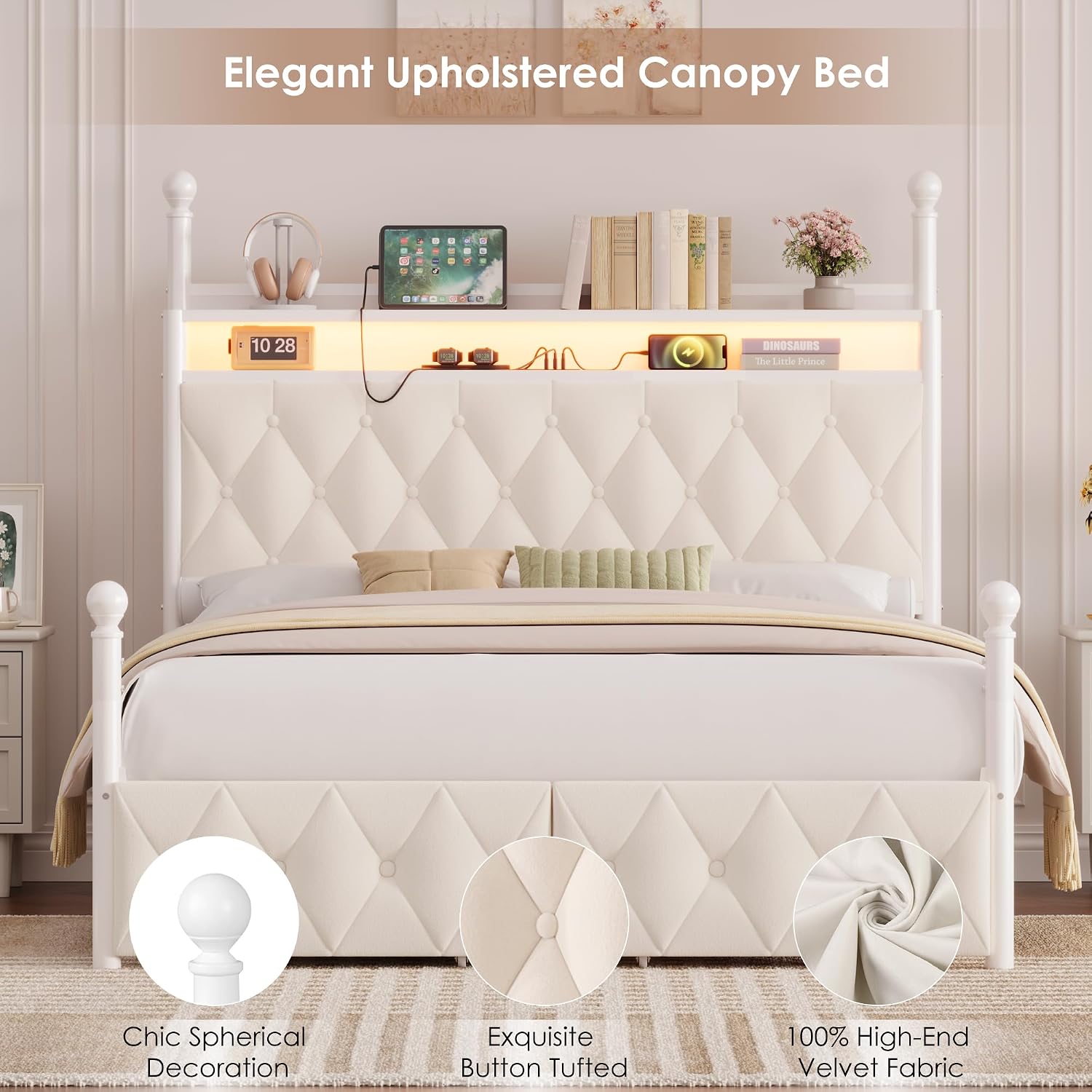 Canopy Bed Frame Metal Queen - クイーンサイズLEDキャノピーベッドフレーム（収納＆充電ステーション付き、カスタマイズ可能）