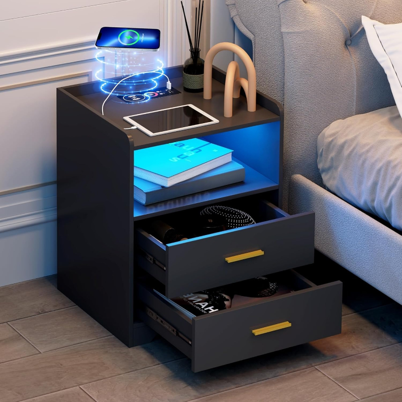 Solid Wood Nightstand 2 Drawers - 充電ステーション付きブラックLEDナイトスタンド モダンな24色RGB LEDライト スマート照明付きブラックベッドサイドテーブル 引き出し2つ 寝室用