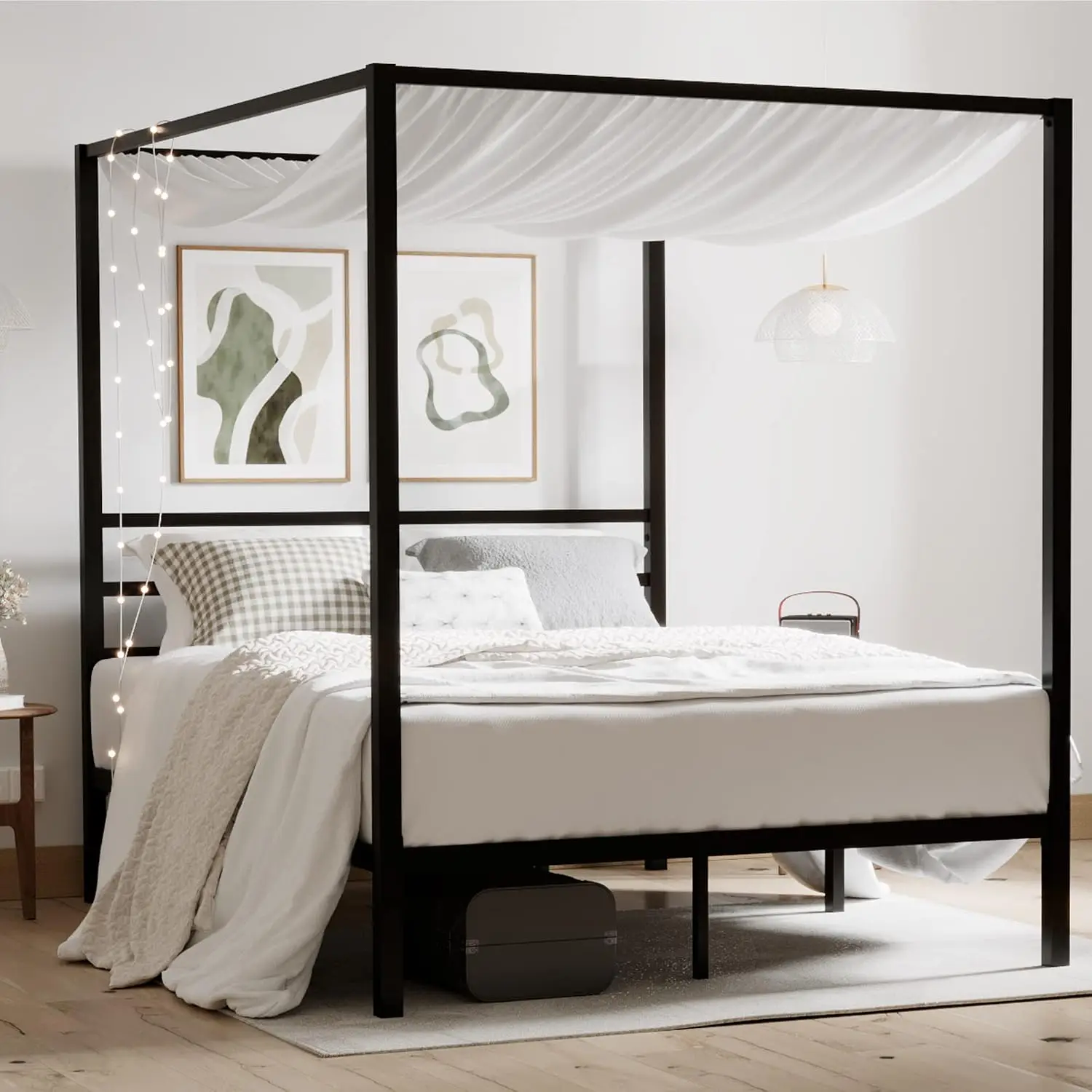 Canopy Bed Frame Metal Queen - クイーンサイズメタルキャノピーベッドフレーム、頑丈なサポート、ブラック | モダンな四柱式プラットフォームベッド、ベッド下収納、EVAノイズ
