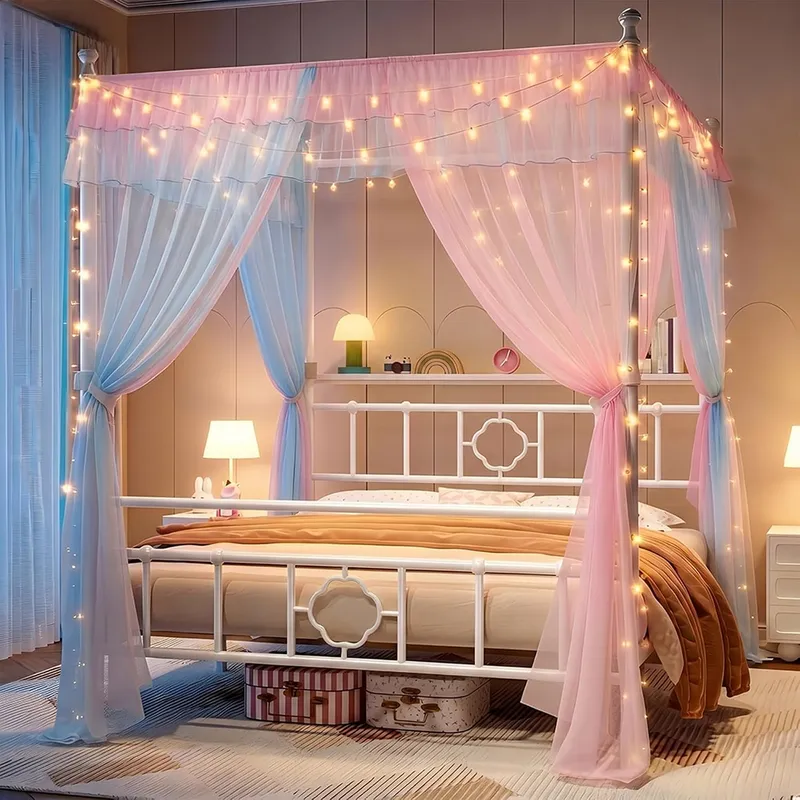 Canopy Bed Frame Metal Queen - 収納付きのヘッドボードを備えた、白い金属製のクイーンサイズのキャノピーベッドフレーム