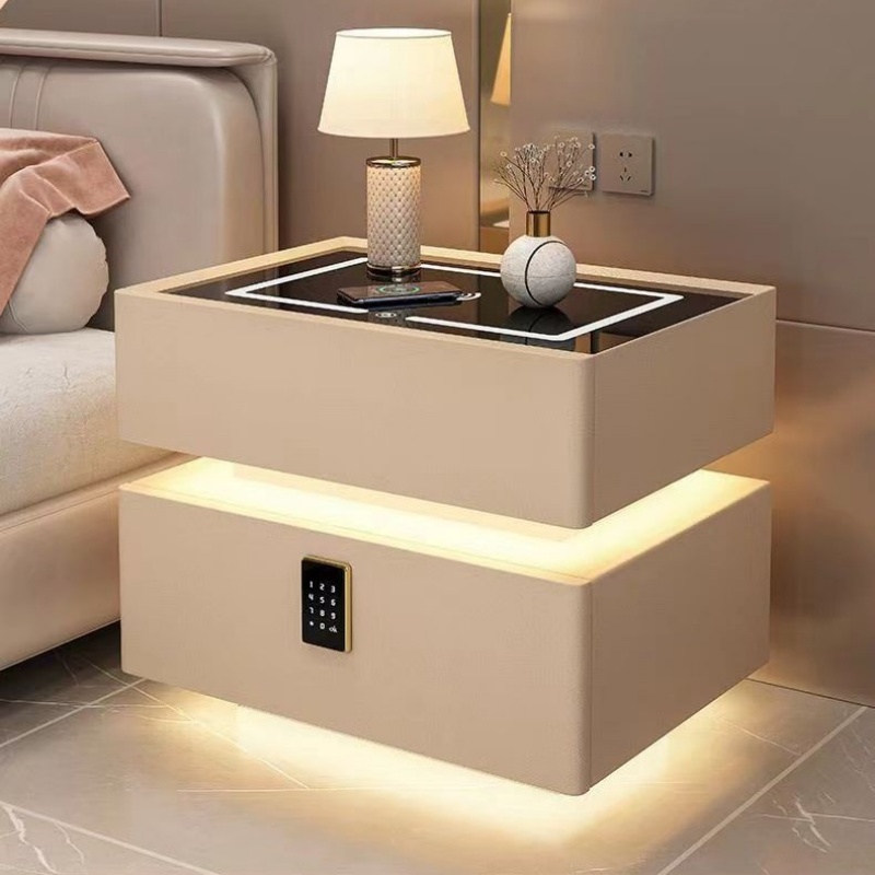 Solid Wood Nightstand 2 Drawers - 木製ベッドサイドテーブル,モダンスタイル,ワイヤレス充電,2つの引き出し,ロック付きベッドルームスタンド,40cm