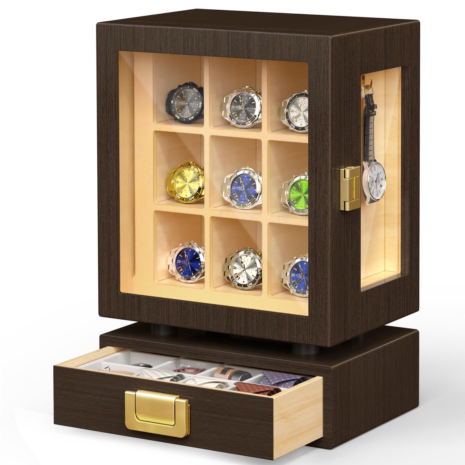 Storage - カスタム長方形木製腕時計収納ボックス、無垢ウォールナット製ディスプレイケース、引き出し付き防水大容量モダン腕時計オーガナイザー