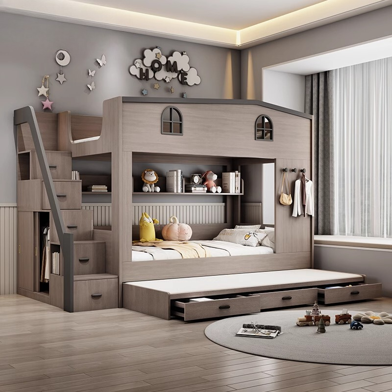 Bunk Bed With Stairs And Slide - 北欧風二段ベッド 子供用木製安全ロフトデザイン モダンスタイル子供用ベッド プレイペン スライド付き子供用家具 ホーム