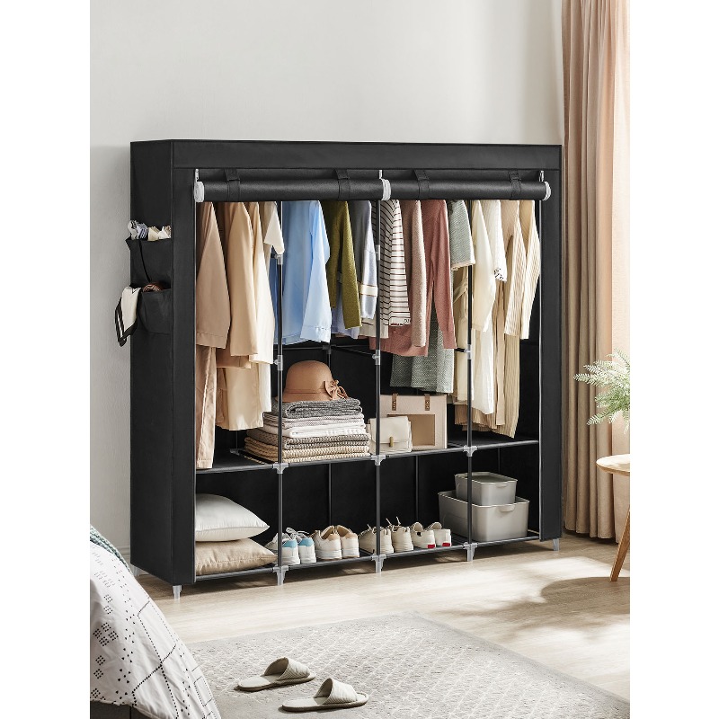 Wardrobe Closet Portable Fabric Cover - ポータブルクローゼット、カバー付きワードローブクローゼットオーガナイザー、4本のハンガーロッドと棚、4つのサイドポケット、66.9 X 17.7 X 65.7インチ、寝室やリビングルームに最適な大容量