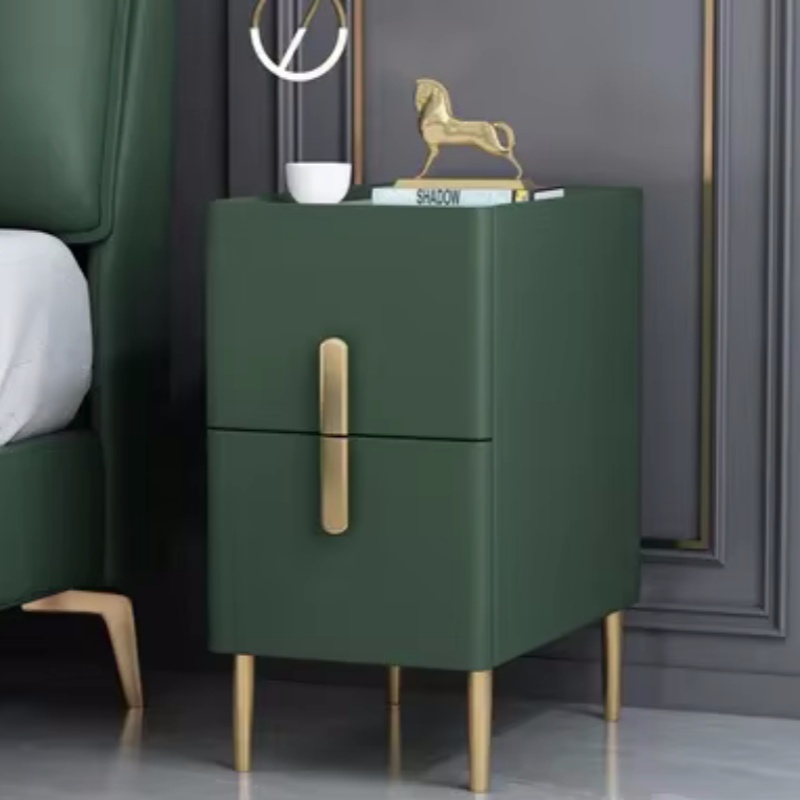 Solid Wood Nightstand 2 Drawers - 無垢材2段引き出しナローベッドサイドテーブル北欧スタイルフェイクレザー寝室用ナイトスタンド焼結石トップ付き