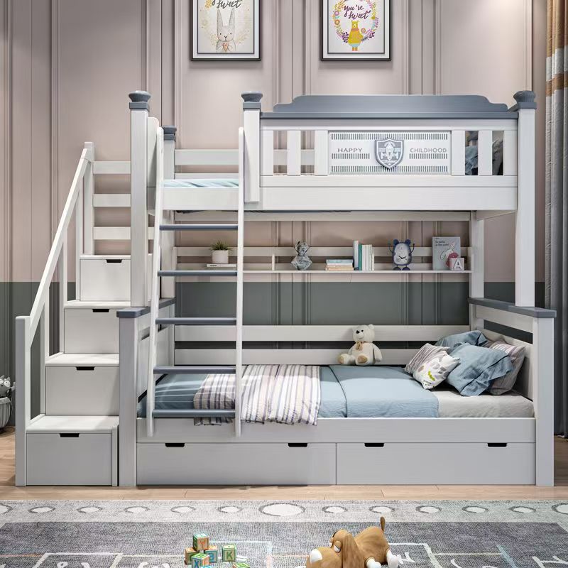 Bunk Bed With Stairs And Slide - ！@2025 格安木製子供部屋家具 無垢材二段ベッド 子供用二段ベッド 階段収納引き出し付きベッド スライド付き