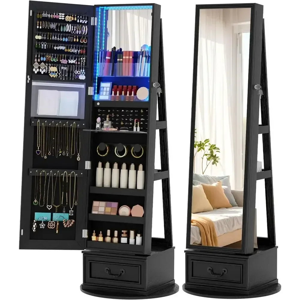 Full Length Mirror Jewelry Armoire - 360 ° 回転式の鍵付きジュエリー収納キャビネット。全身鏡、LEDライト、高さ調節可能なメイクアップ用棚を搭載。色は黒。