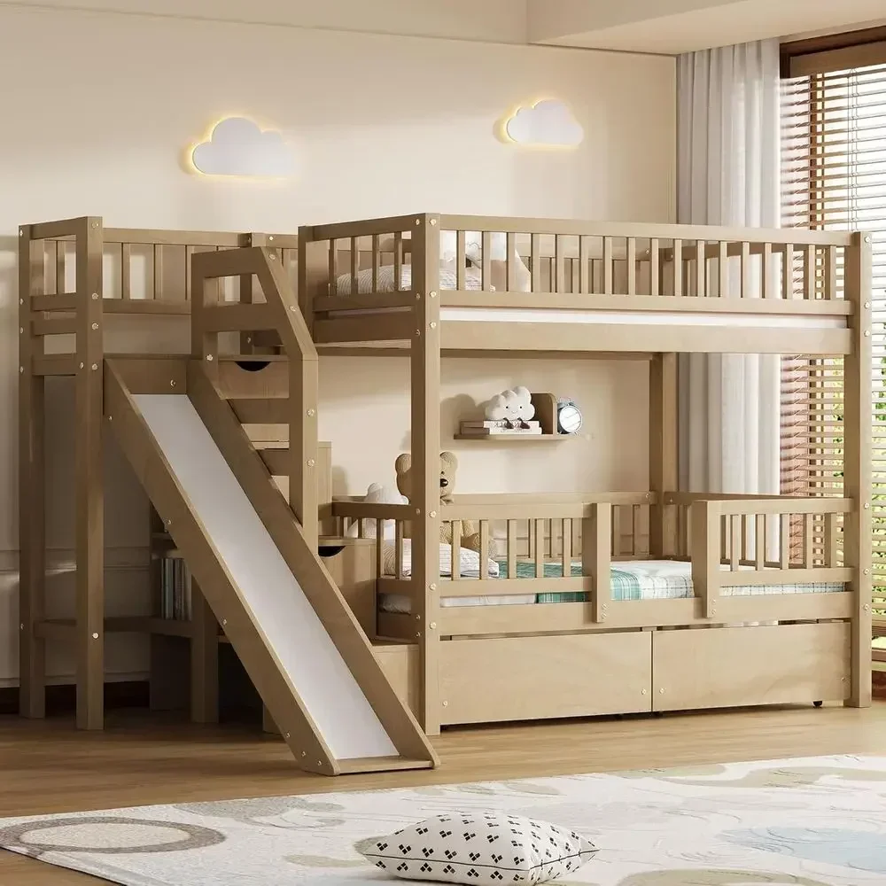 Bunk Bed With Stairs And Slide - スライドと収納付きの階段を備えた、ツインベッド2台を重ねて使える木製二段ベッド。お子様やティーンエイジャーに最適（ウォールナット色）。