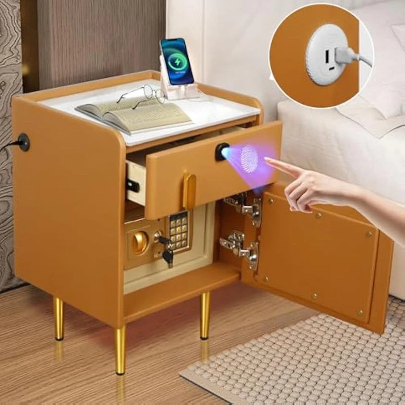 Solid Wood Nightstand 2 Drawers - 隠し金庫と指紋認証ロック付き引き出しを備えたスマートナイトスタンド、寝室用レザーマーブルテーブルトップ、モダンなUSB充電機能付き、オレンジ色