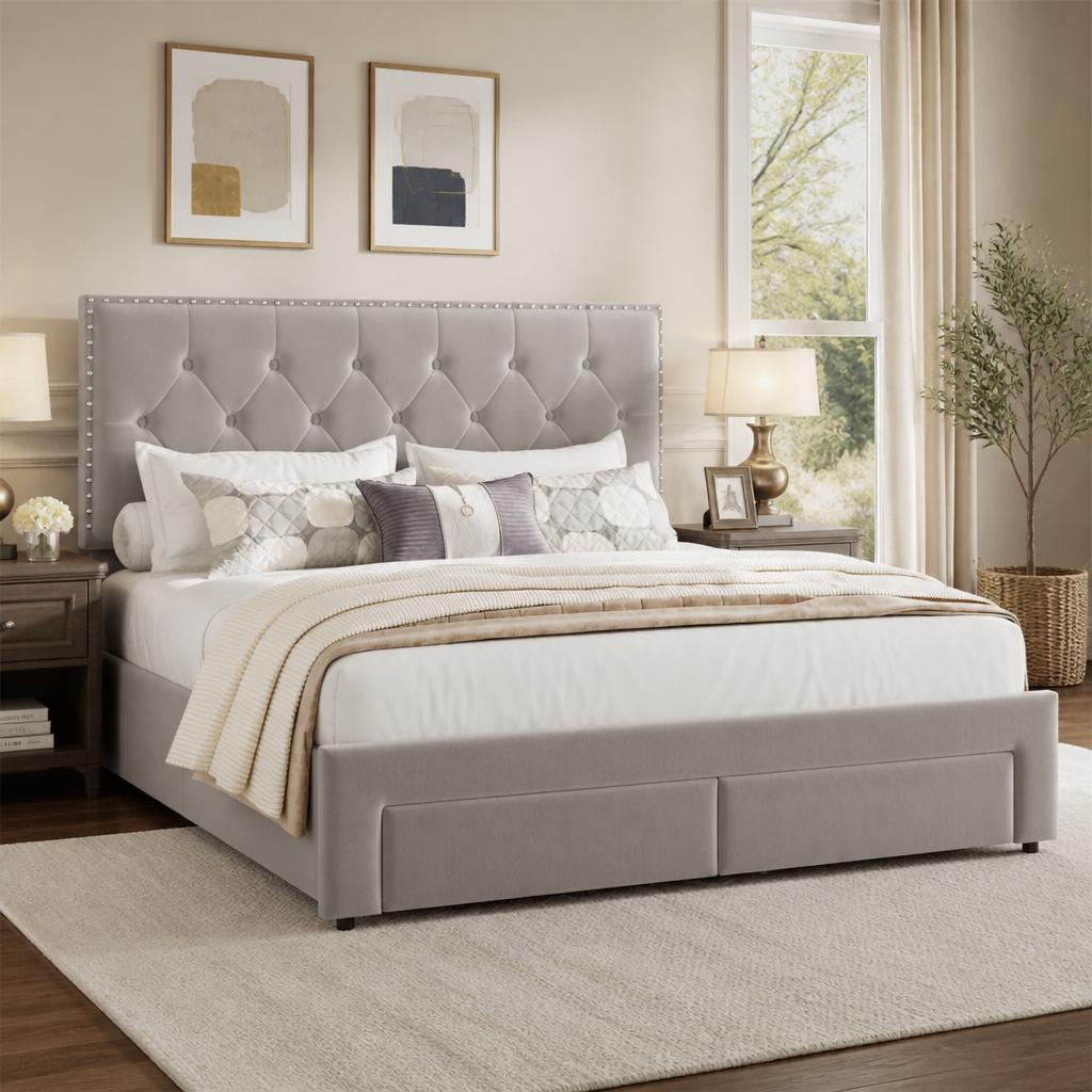 King Size Bed Frame With Storage Drawers - キングサイズのベッドフレーム。収納引き出し2つ付き。アンティーク調のベルベット素材のヘッドボードと、張り地仕上げのプラットフォーム。木製のスラットで支え、静音設計。ボックススプリングは不要。色は黒。