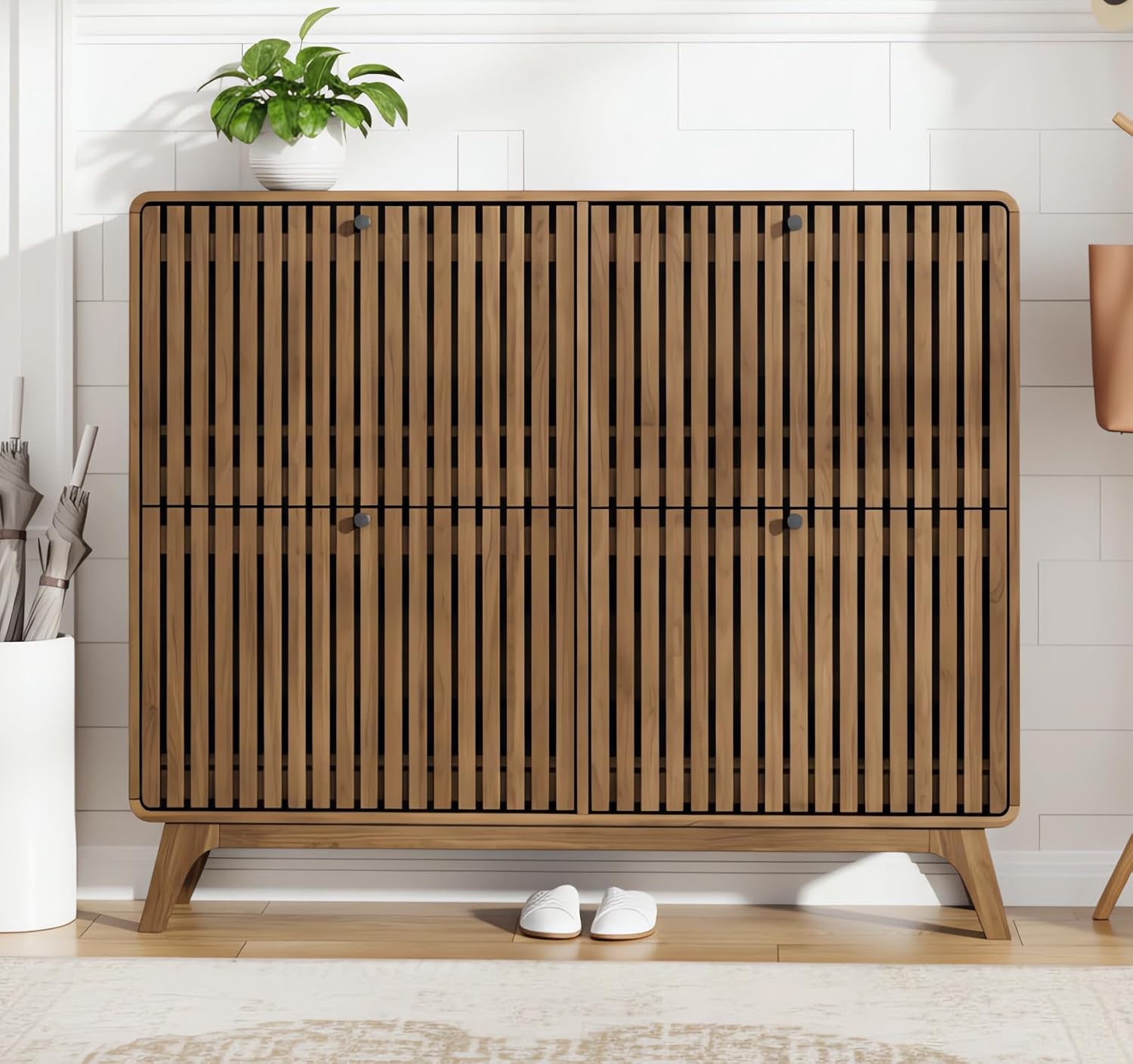 Shoe Rack Cabinet Narrow Entryway - # 大型竹製靴箱（4つの跳ね上げ式引き出し付き）、玄関廊下用スリム狭幅収納ラック、薄型木製オーガナイザー、カスタムメイド