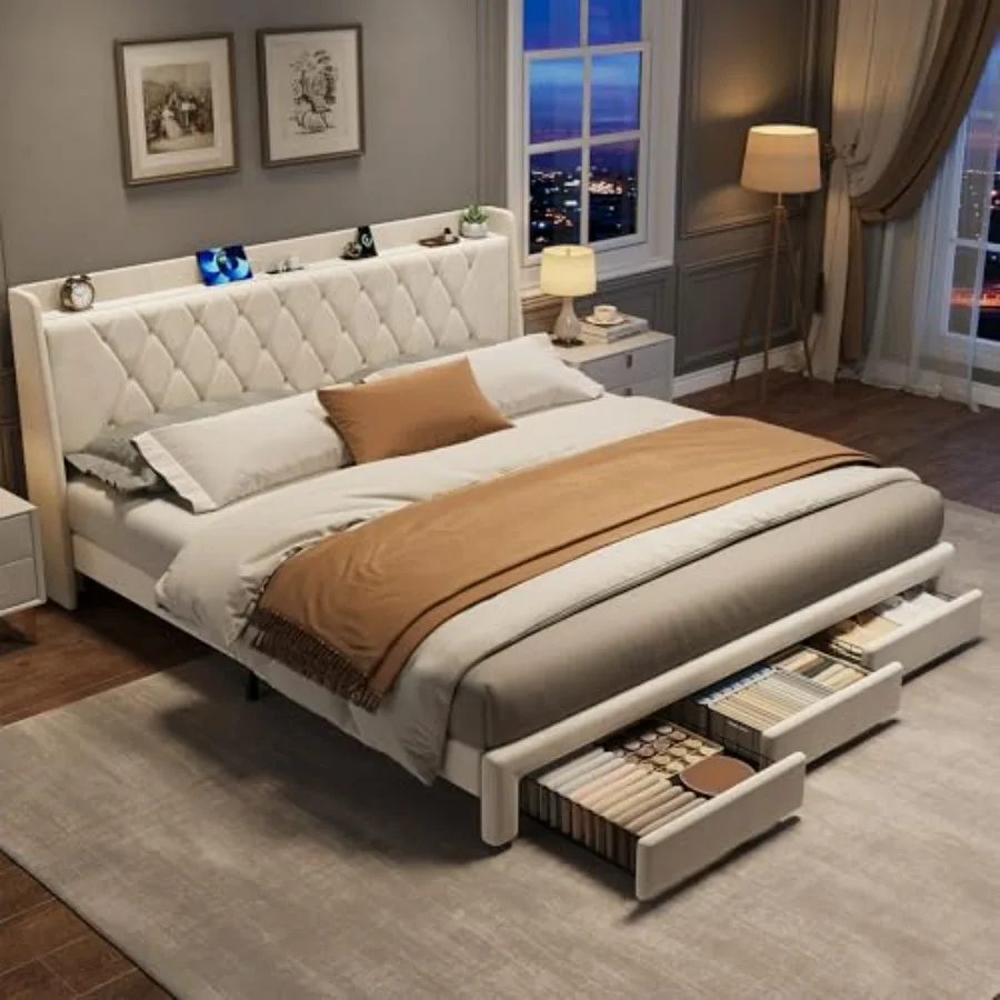 King Size Bed Frame With Storage Drawers - クリスタルのタフティング加工が施されたヘッドボード、3つの収納引き出し、内蔵充電ステーションを備えた、キングサイズのベルベット張りのプラットフォームベッドフレーム。