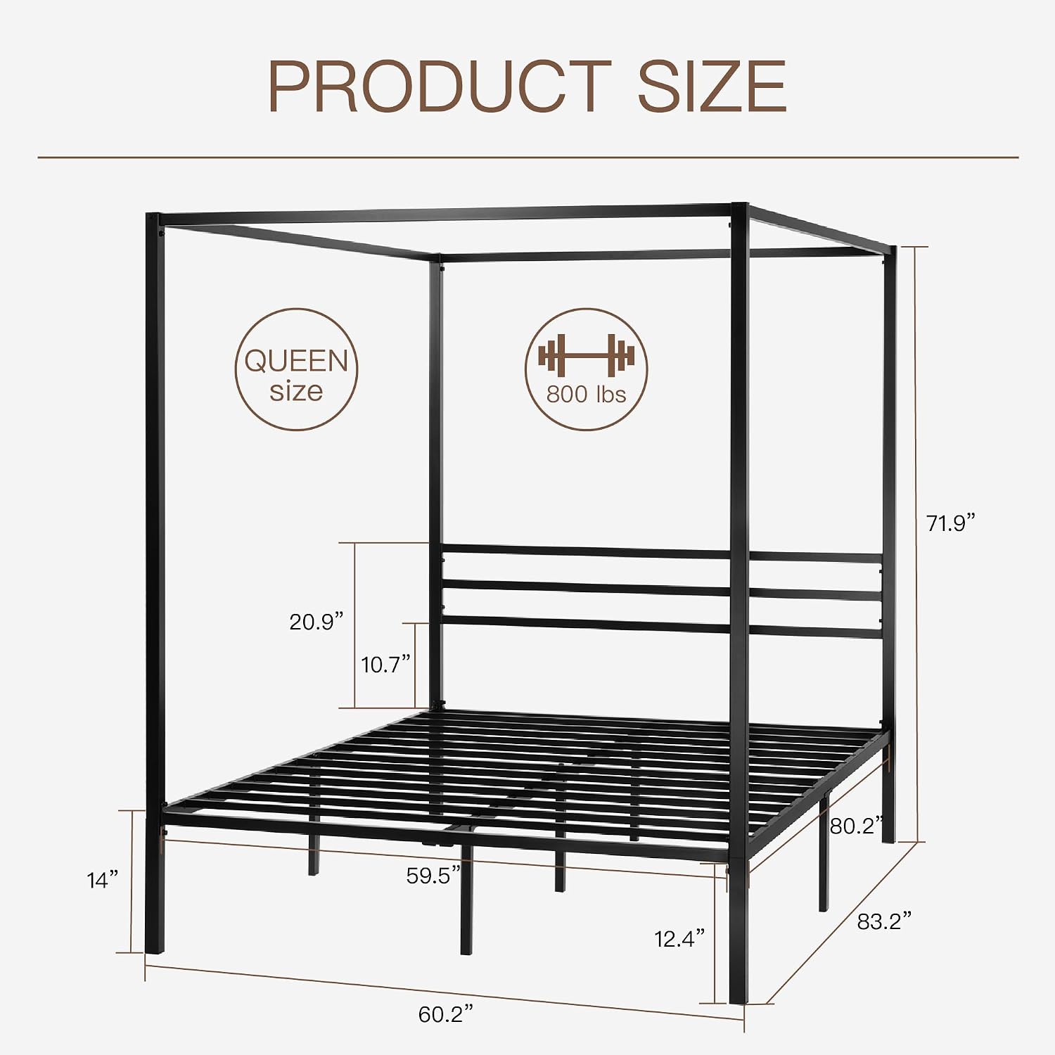 Canopy Bed Frame Metal Queen - クイーンサイズの金属製キャノピーベッドフレーム、頑丈な構造、ブラック、カスタムメイド。