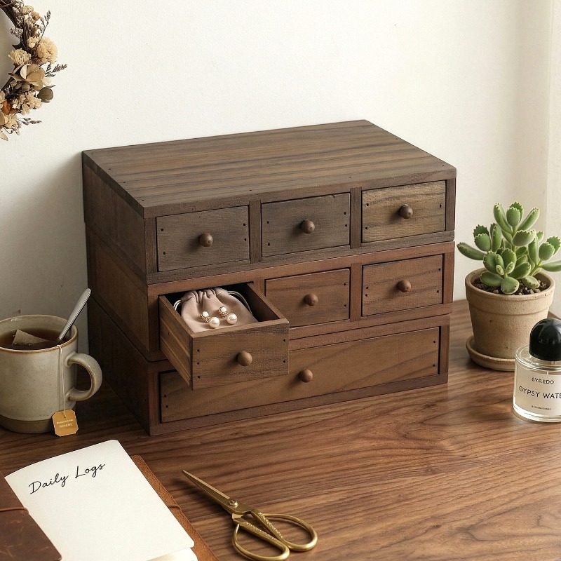 Storage - 木製デスクトップ収納ボックスモニター高さ調整棚ジュエリー引き出し仕上げミニ学生文具収納キャビネット