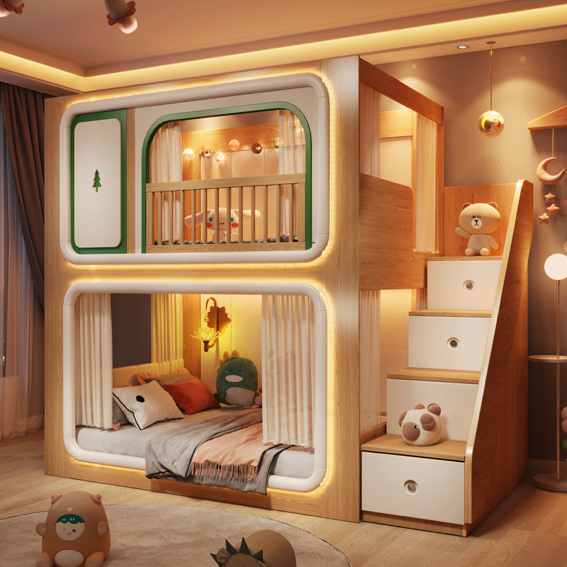 Bunk Bed With Stairs And Slide - ロフト二階建て子供ベッド木製ガードレールデザインベビーサークル子供ベッドスライドモダンなスタイル Camas Infantiles 家具ホーム