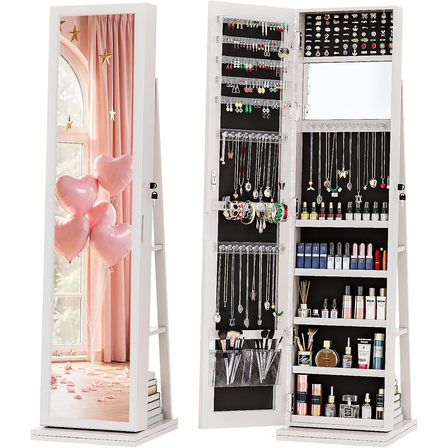 Full Length Mirror Jewelry Armoire - 4-in-1 ジュエリーキャビネット ジュエリーアルモア ロック可能 スタンド型、ホワイト |