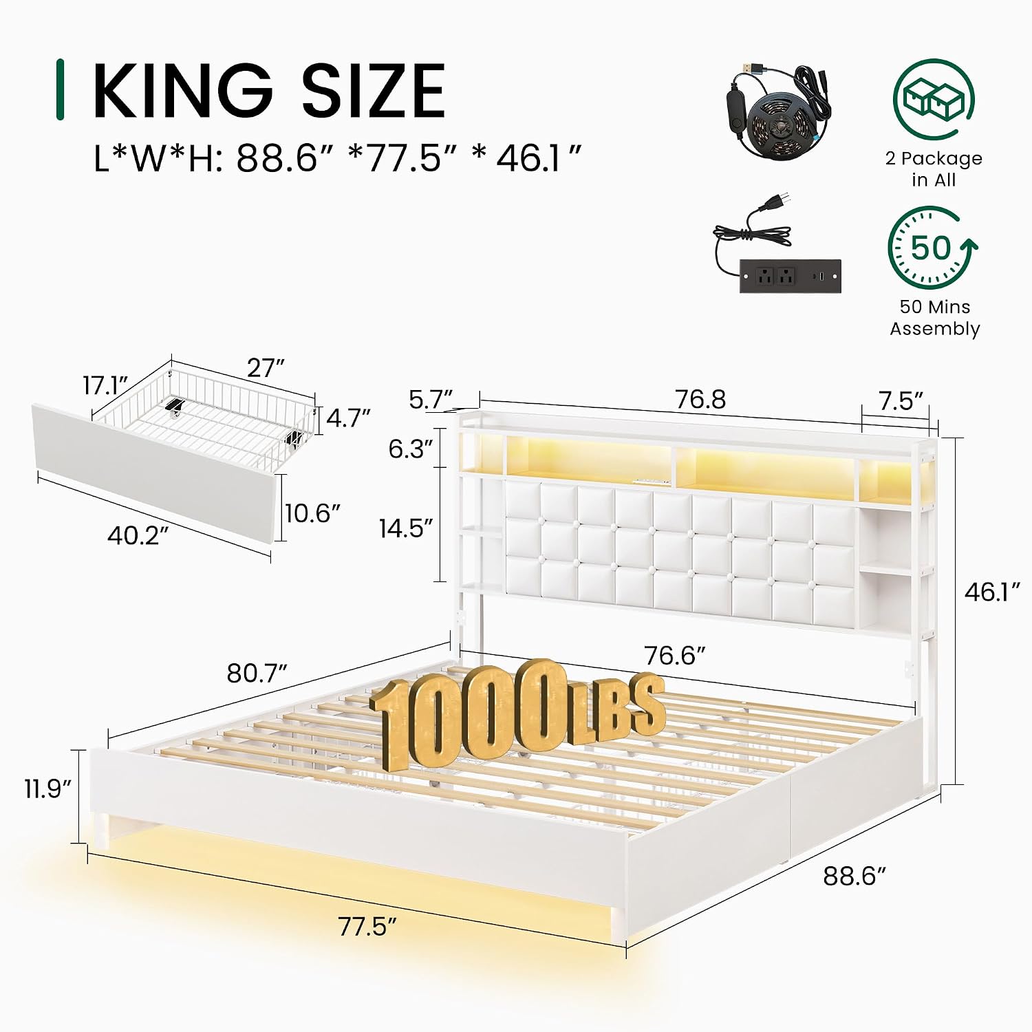キングサイズの木製ベッドフレーム。収納引き出しとLEDライト - King Size Bed Frame With Storage Drawers のレビューと価格