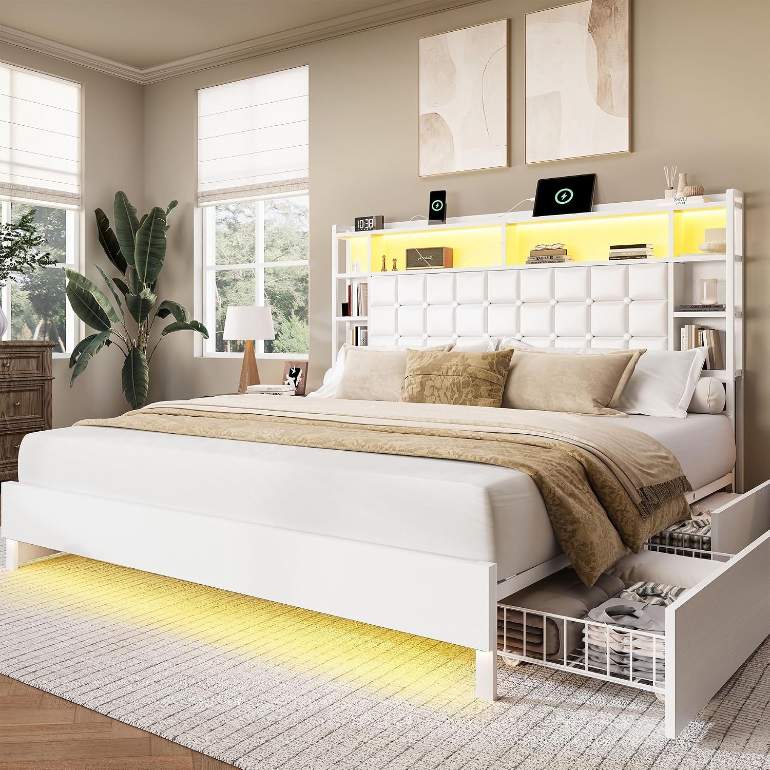 キングサイズの木製ベッドフレーム。収納引き出しとLEDライト - King Size Bed Frame With Storage Drawers のレビューと価格