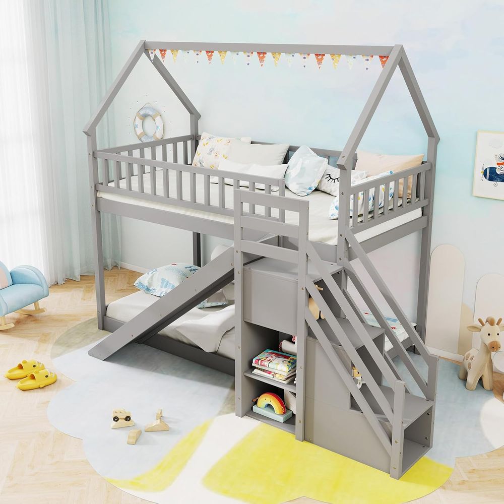 ツインオーバーツイン二段ベッド（スライド＆階段付き）、木製二 - Bunk Bed With Stairs And Slide のレビューと価格