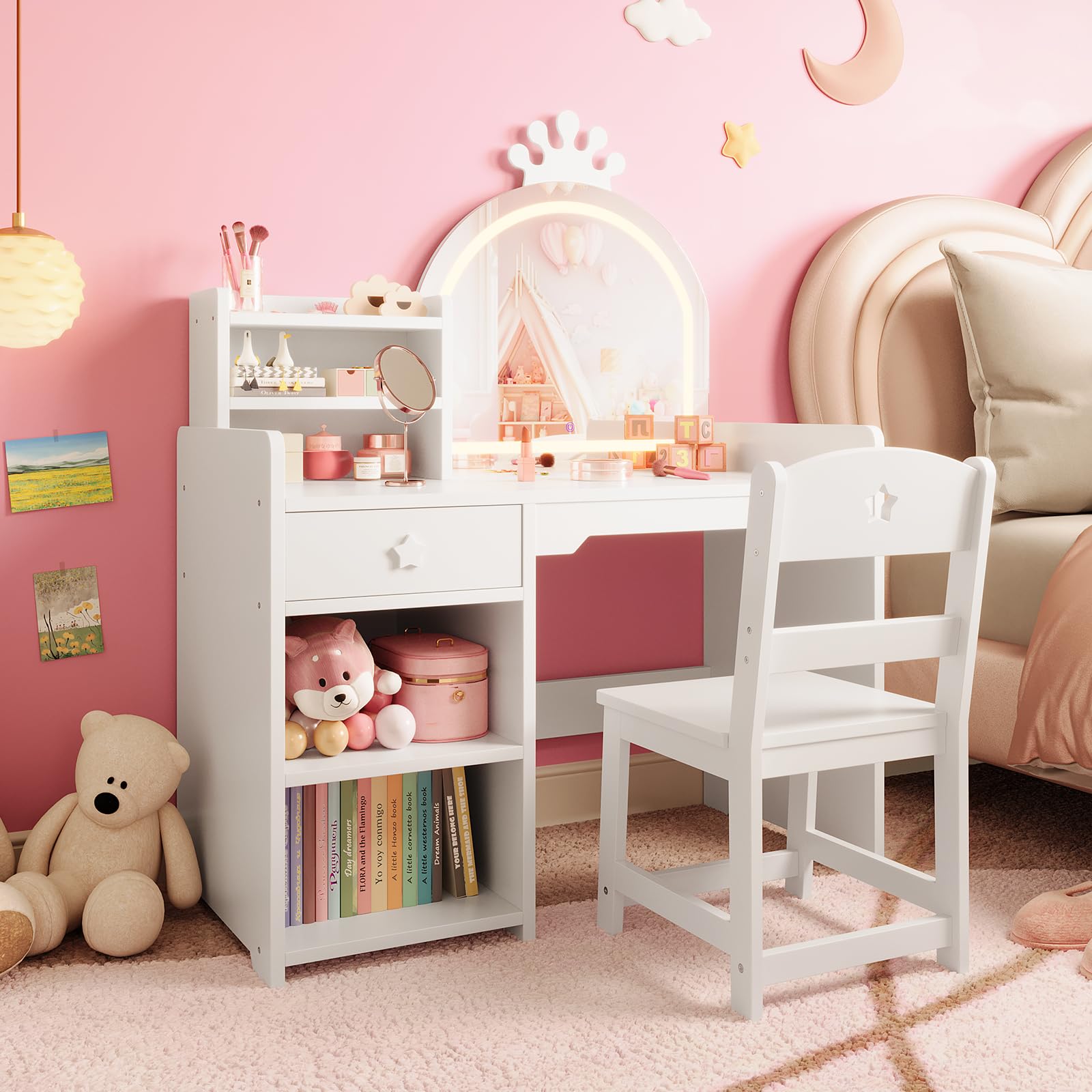 子供用化粧台＆チェアセット - クラウン型LEDライト付きミ - Dressing Table Vanity With Lighted Mirror のレビューと価格