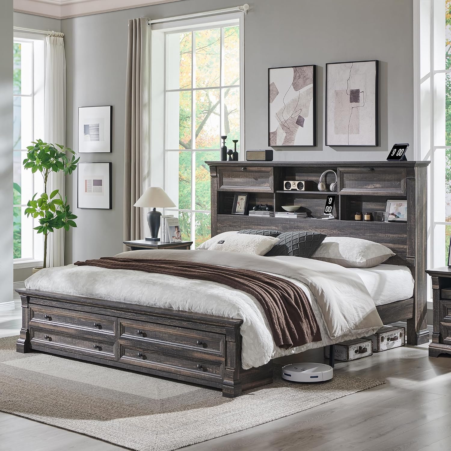 キングサイズベッドフレーム、54インチヘッドボード、4つの収 - King Size Bed Frame With Storage Drawers のレビューと価格