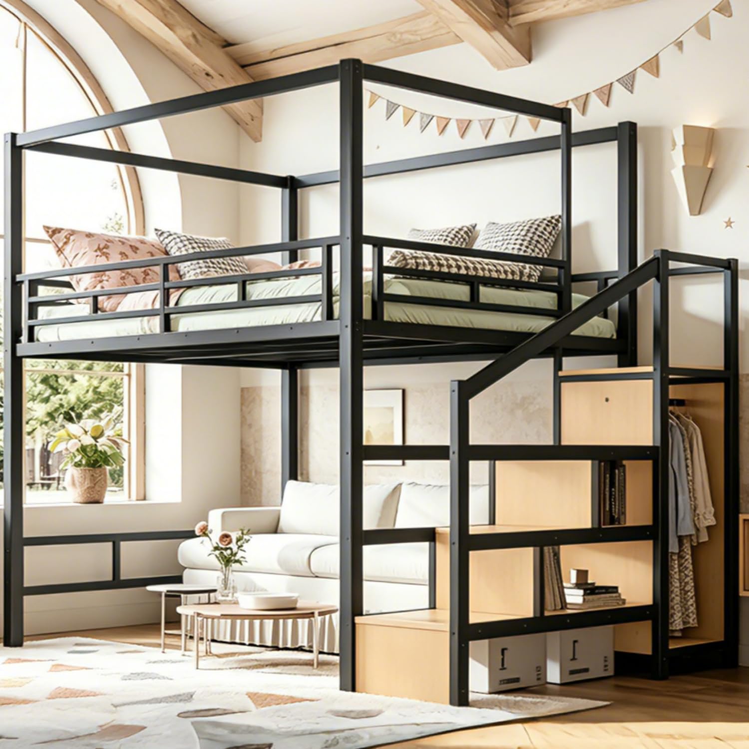 収納付き階段とワードローブを備えたクイーンサイズのロフトベッ - Canopy Bed Frame Metal Queen のレビューと価格