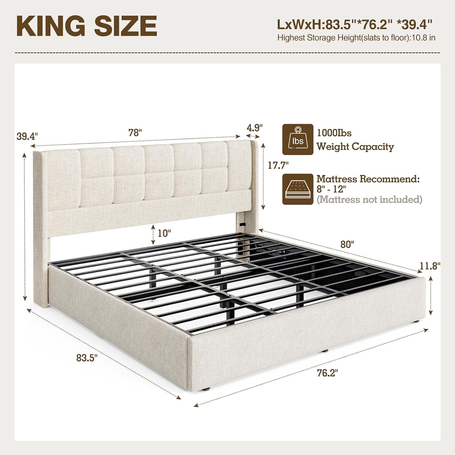 キングサイズベッドフレーム、油圧式ガスリフト、収納付き、リネ - Gas Lift Storage Bed Hydraulic のレビューと価格