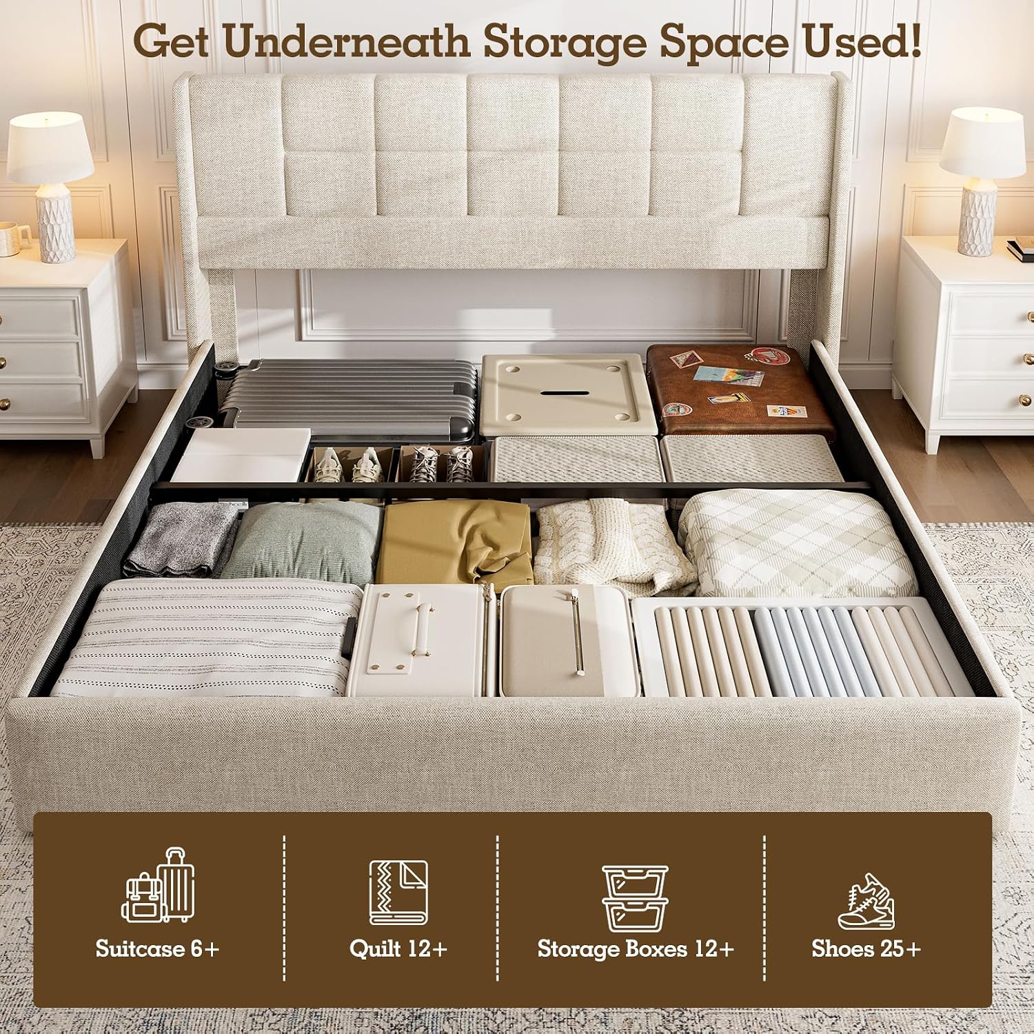 キングサイズベッドフレーム、油圧式ガスリフト、収納付き、リネ - Gas Lift Storage Bed Hydraulic のレビューと価格