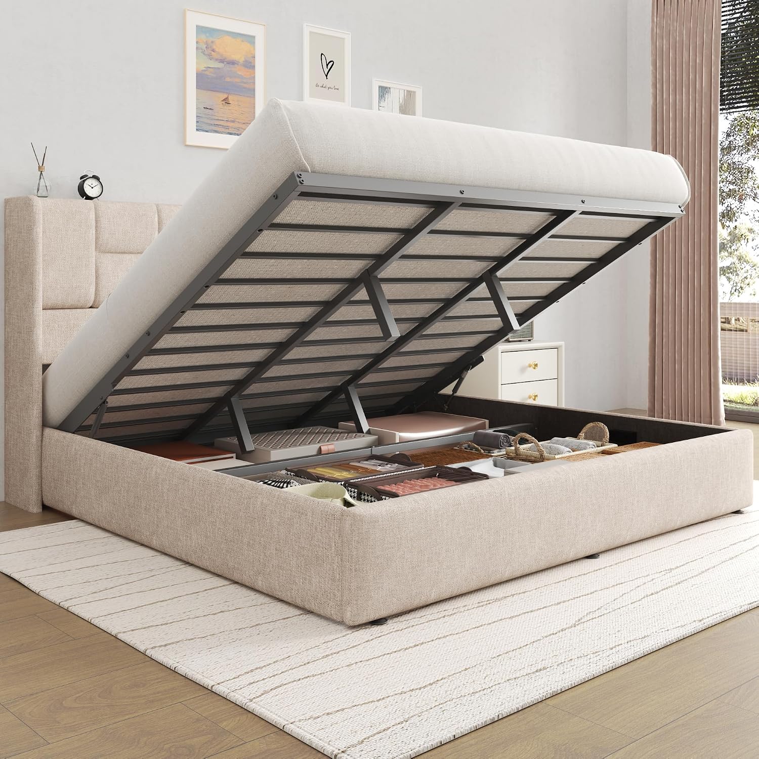 リネン張りキングベッドフレーム、油圧式ガスリフト収納、カスタ - Gas Lift Storage Bed Hydraulic のレビューと価格