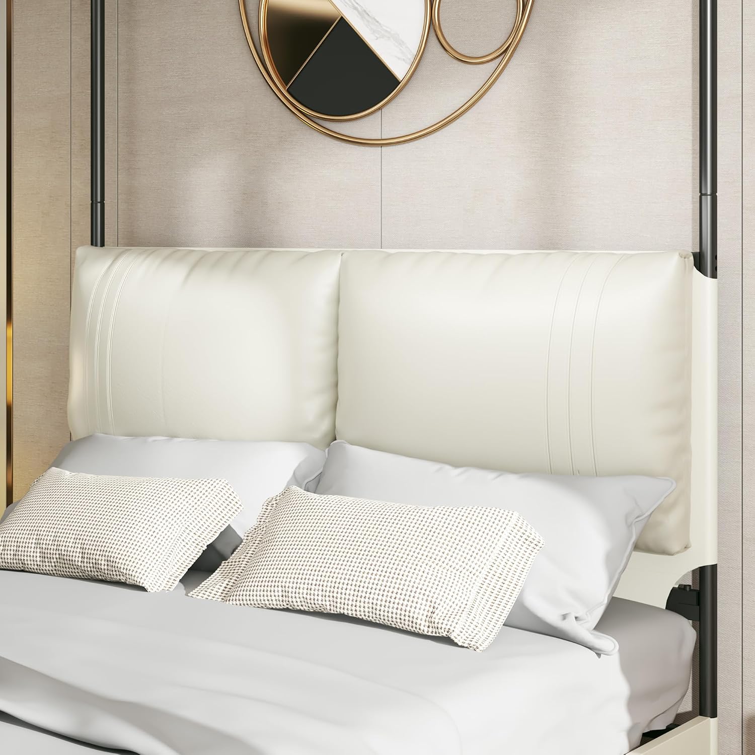 クイーンサイズのキャノピーベッドフレーム、布張りヘッドボード - Canopy Bed Frame Metal Queen のレビューと価格