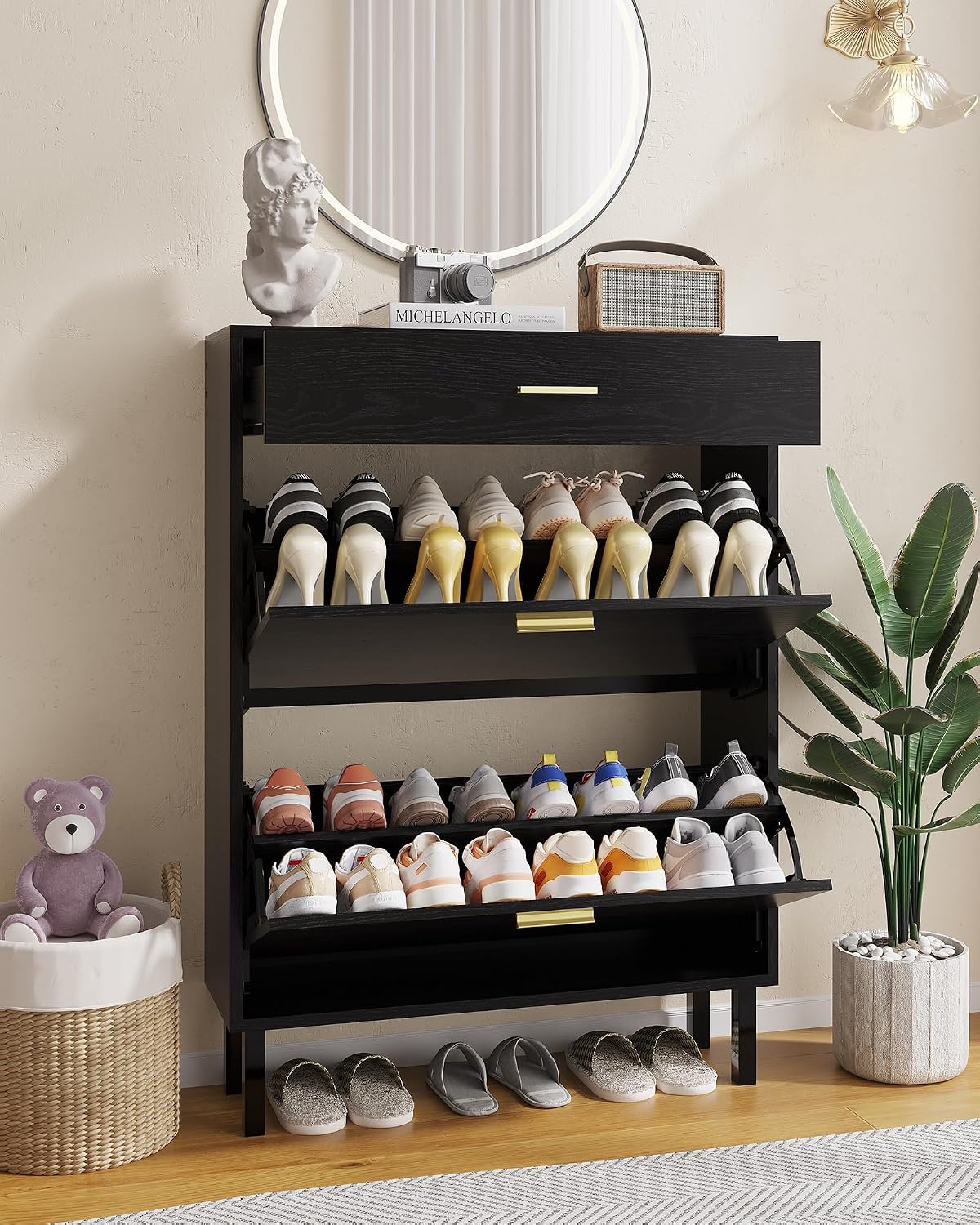 玄関用スリムシューズキャビネット、3段引き出し、超薄型シュー - Shoe Rack Cabinet Narrow Entryway のレビューと価格
