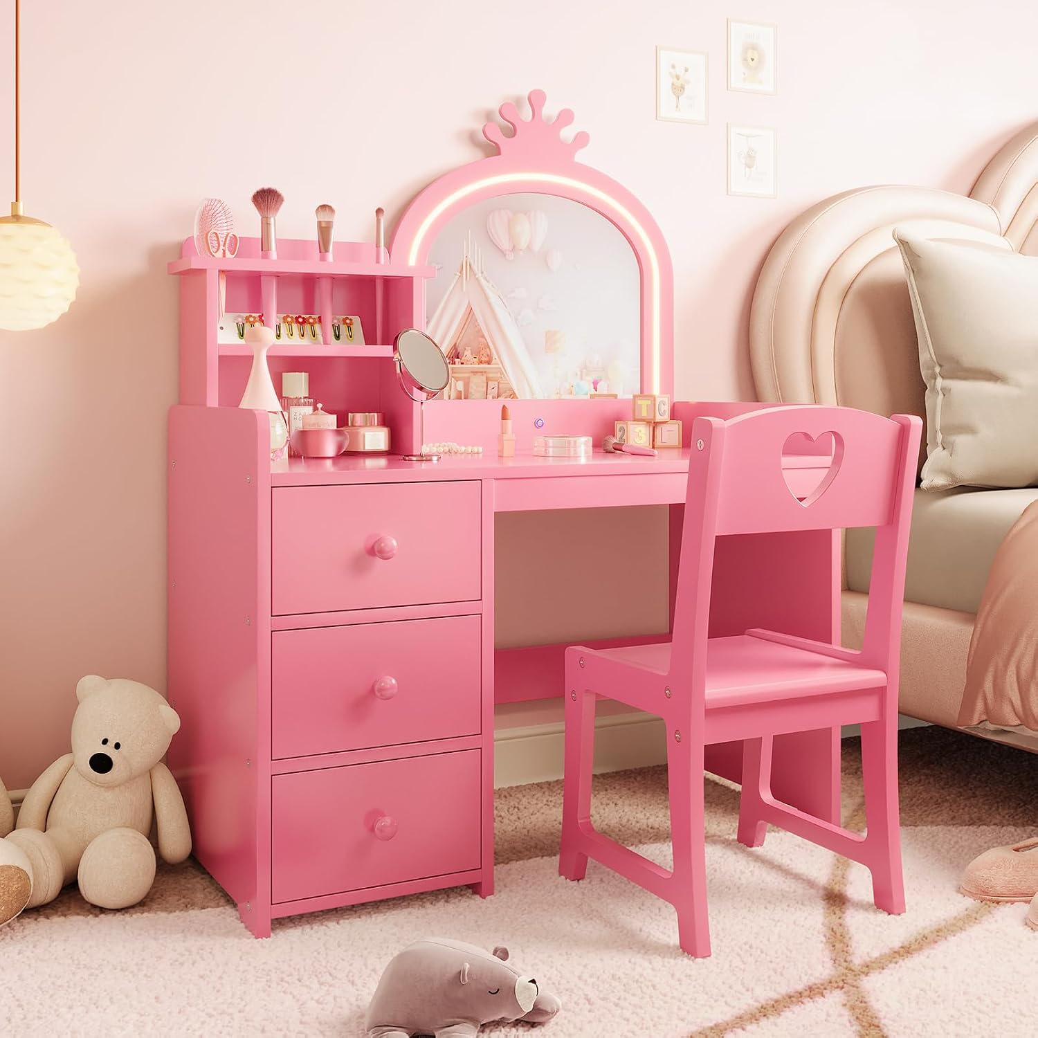 ライト付きミラー付きの子供用ドレッサーテーブル、ピンク色のプ - Dressing Table Vanity With Lighted Mirror のレビューと価格