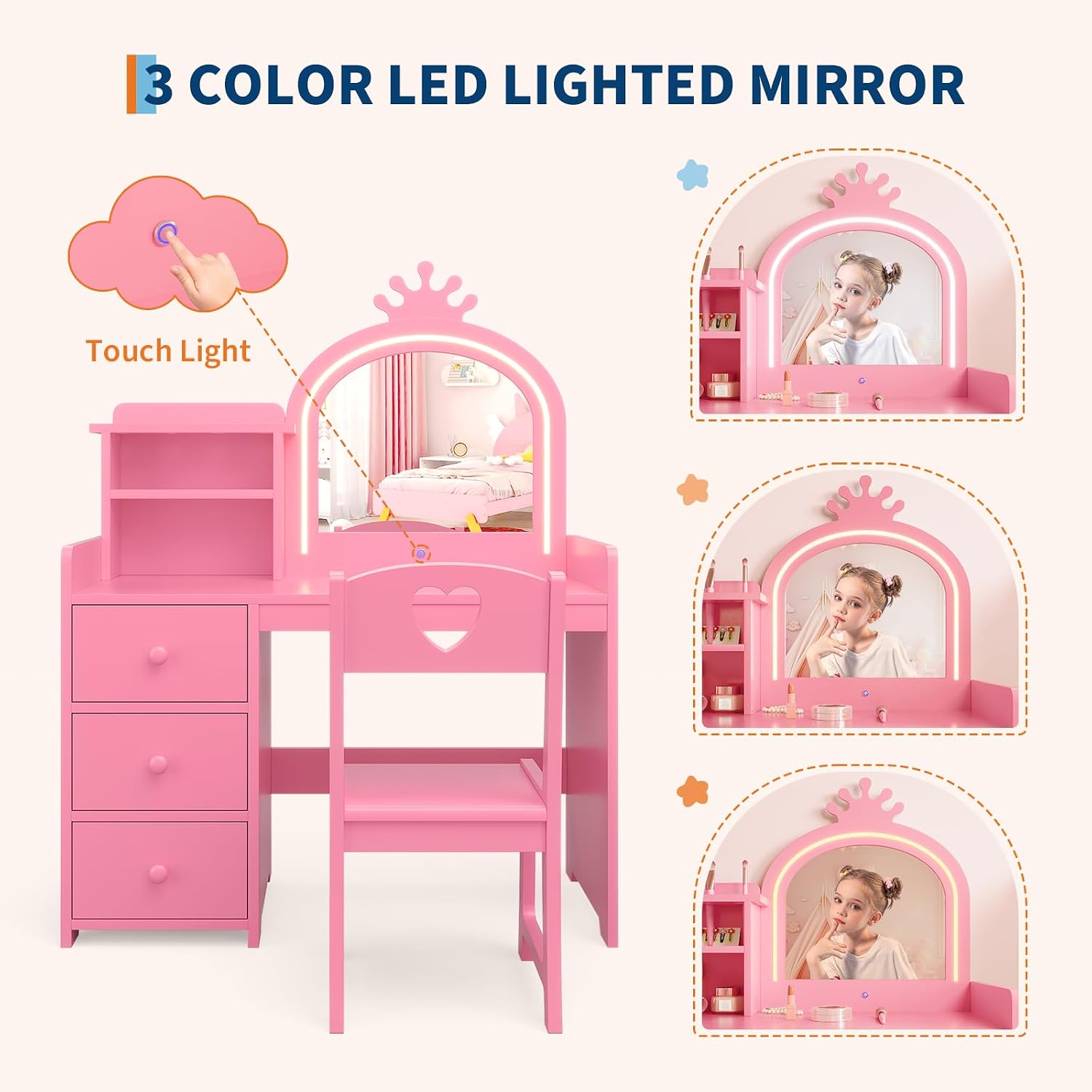 ライト付きミラー付きの子供用ドレッサーテーブル、ピンク色のプ - Dressing Table Vanity With Lighted Mirror のレビューと価格
