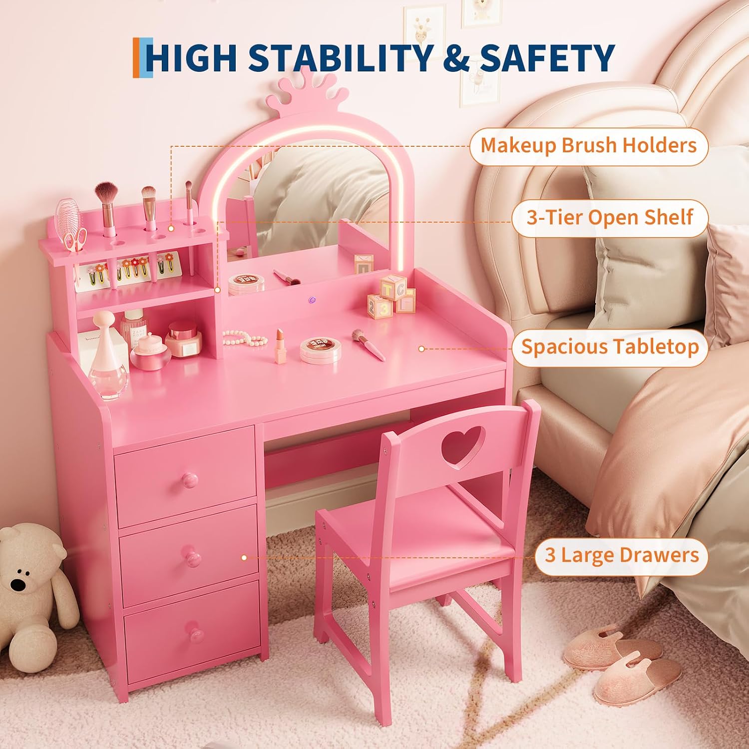 ライト付きミラー付きの子供用ドレッサーテーブル、ピンク色のプ - Dressing Table Vanity With Lighted Mirror のレビューと価格