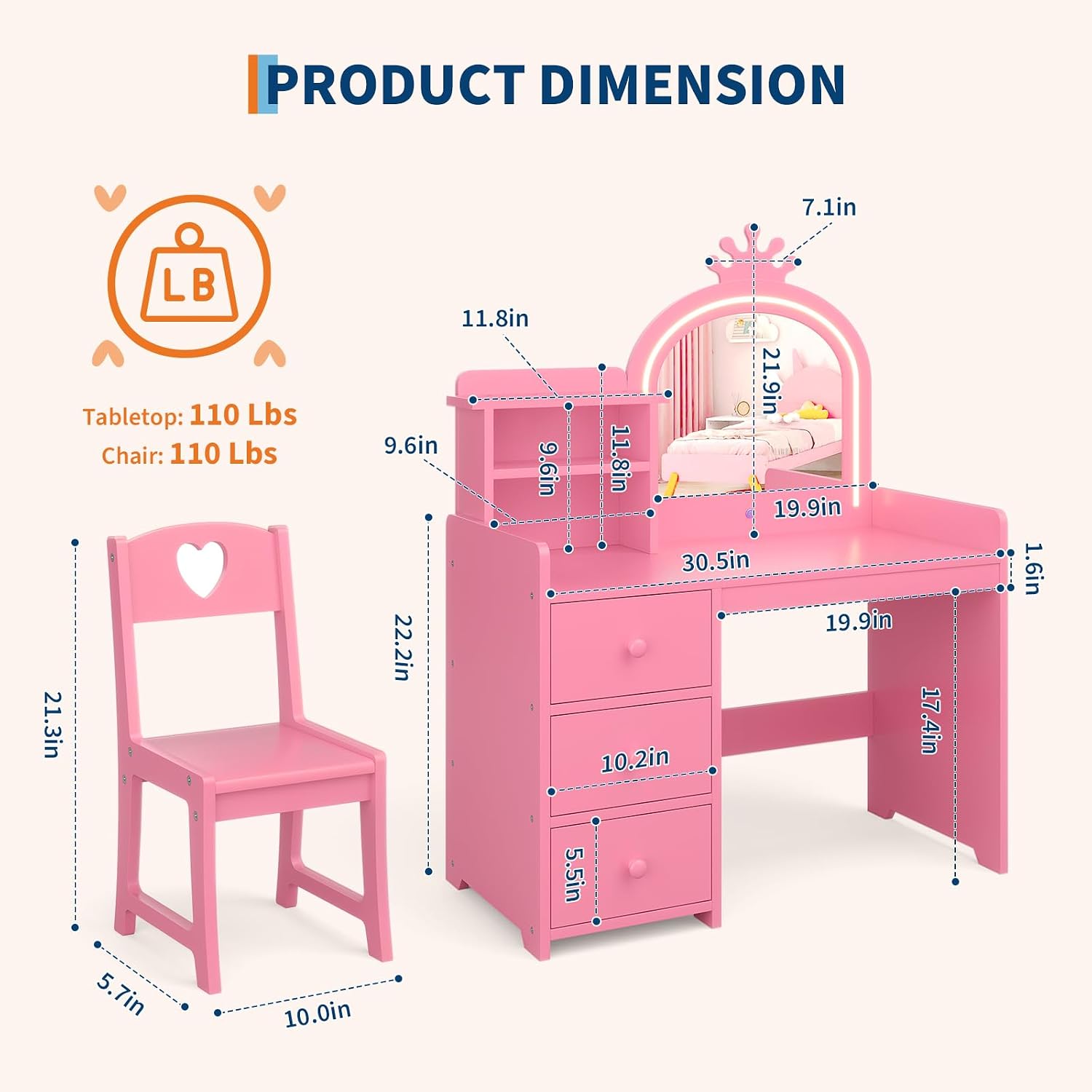 ライト付きミラー付きの子供用ドレッサーテーブル、ピンク色のプ - Dressing Table Vanity With Lighted Mirror のレビューと価格