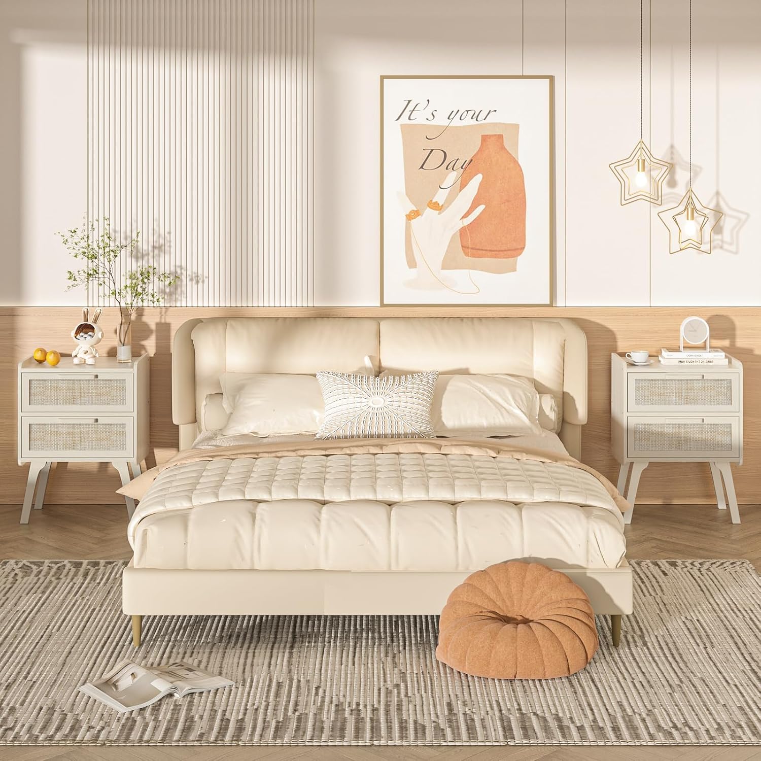 ラタン製ナイトスタンド2個セット、2つの引き出し付きベッドサ - Solid Wood Nightstand 2 Drawers のレビューと価格
