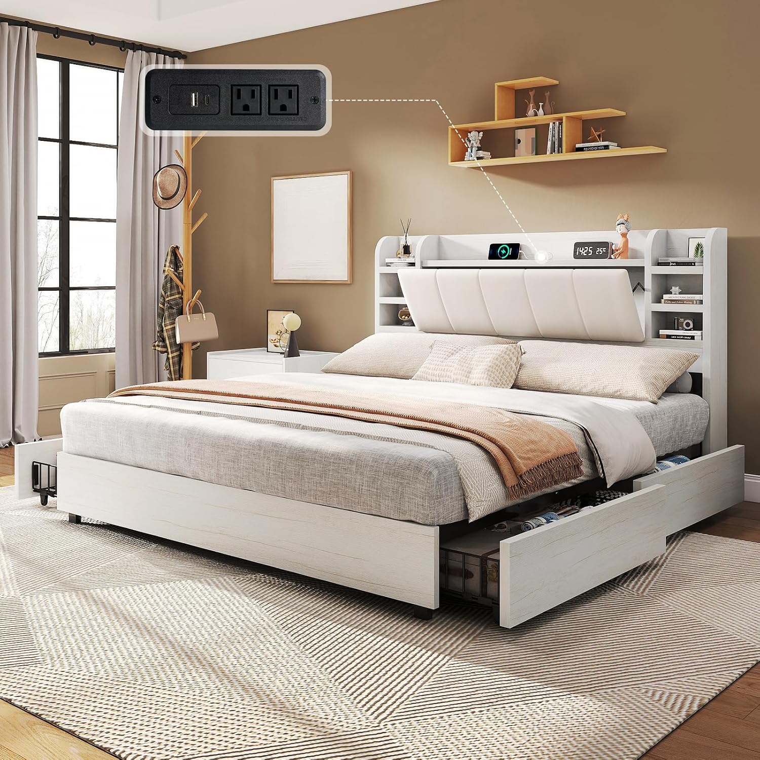 キングサイズ布張りプラットフォームベッド、本棚付きヘッドボー - King Size Bed Frame With Storage Drawers のレビューと価格