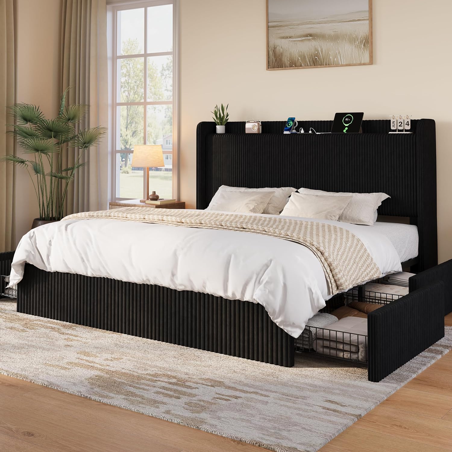 特大収納引き出し4つ付きキングサイズベッドフレーム、ブラック - King Size Bed Frame With Storage Drawers のレビューと価格