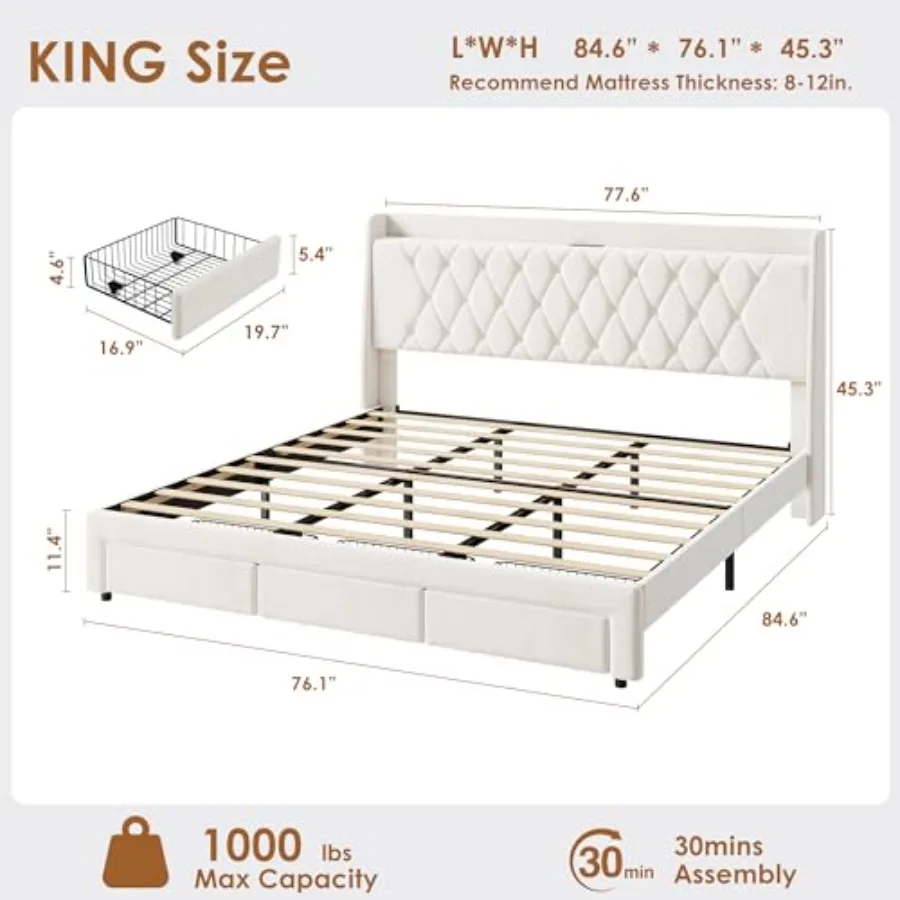 クリスタルのタフティング加工が施されたヘッドボード、3つの収 - King Size Bed Frame With Storage Drawers のレビューと価格