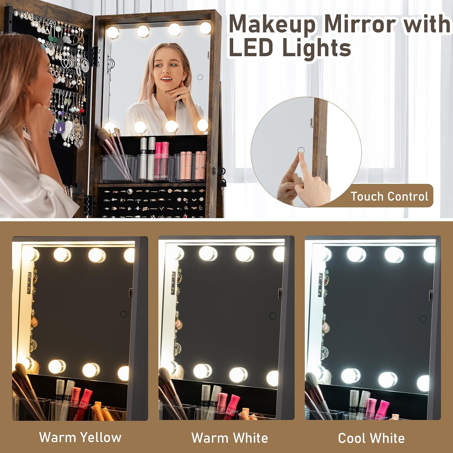 回転式ジュエリーアルモア 全身鏡 照明付きメイクアップミラー - Full Length Mirror Jewelry Armoire のレビューと価格