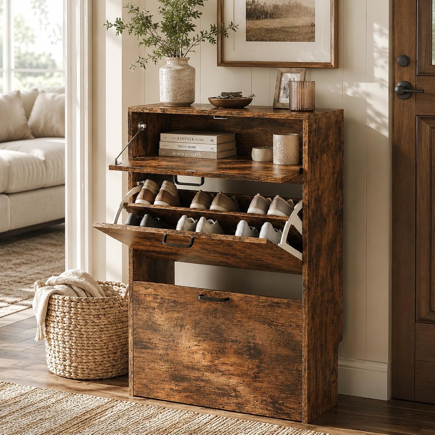 # スリムシューズキャビネット、2つのフリップ式と1つのドロ - Shoe Rack Cabinet Narrow Entryway のレビューと価格