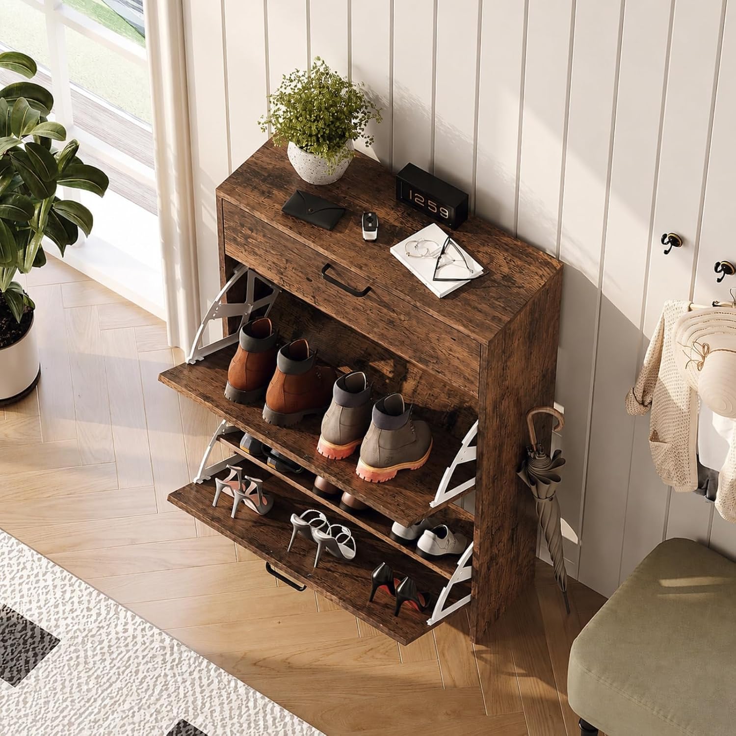 # スリムシューズキャビネット、2つのフリップ式と1つのドロ - Shoe Rack Cabinet Narrow Entryway のレビューと価格