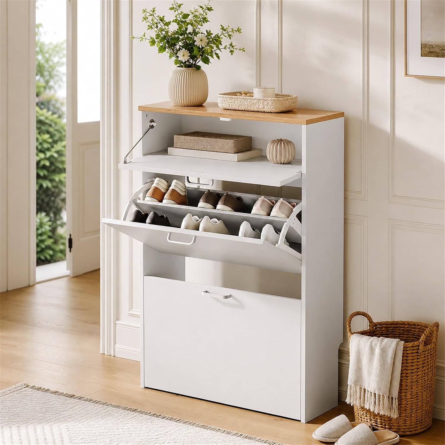 # スリムシューズキャビネット、2つのフリップ式と1つのドロ - Shoe Rack Cabinet Narrow Entryway のレビューと価格