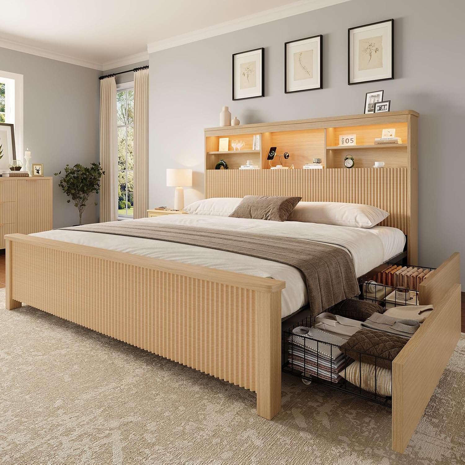 キングサイズベッドフレーム、4つの収納引き出し付き、天然木製 - King Size Bed Frame With Storage Drawers のレビューと価格