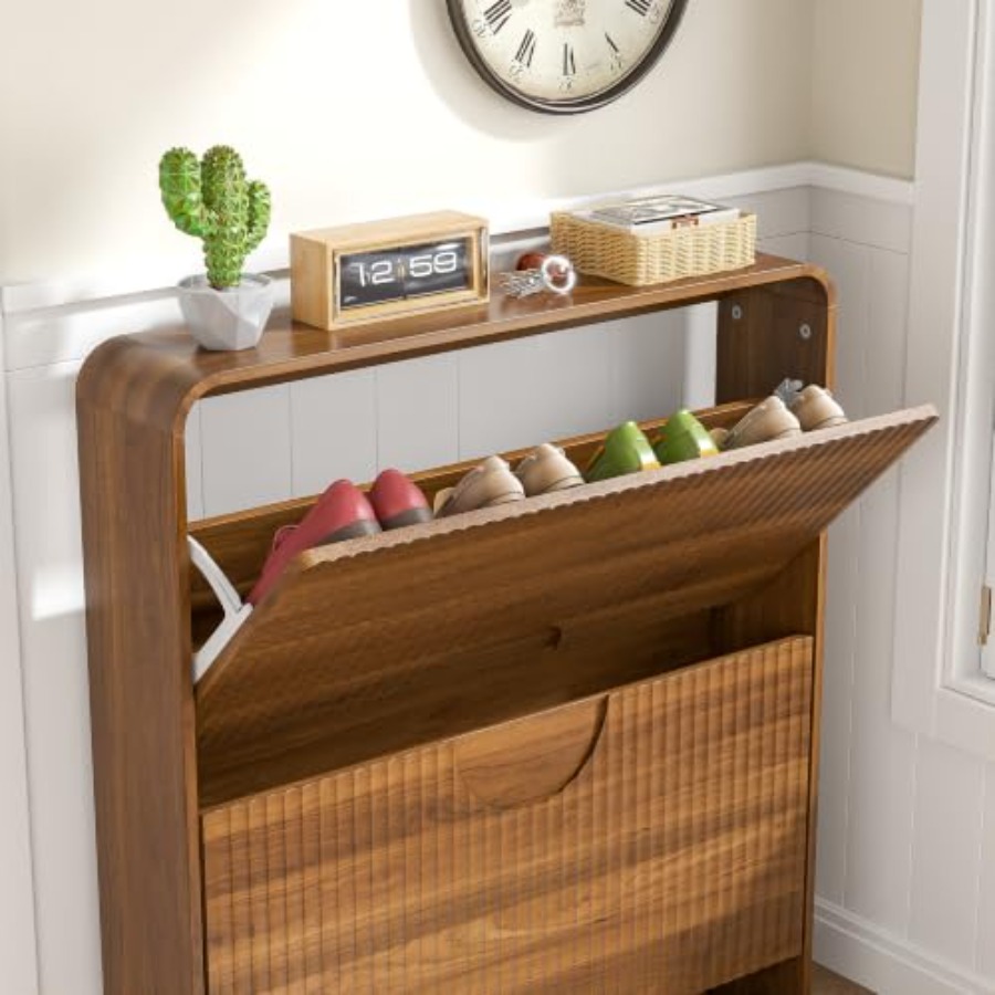 玄関用スリムシューズキャビネット、2段扉付き、棚なし、溝付き - Shoe Rack Cabinet Narrow Entryway のレビューと価格