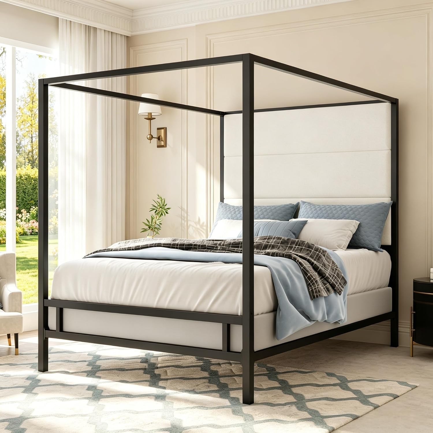 クイーンサイズの天蓋付きベッド、背の高いベルベット張りの金属 - Canopy Bed Frame Metal Queen のレビューと価格
